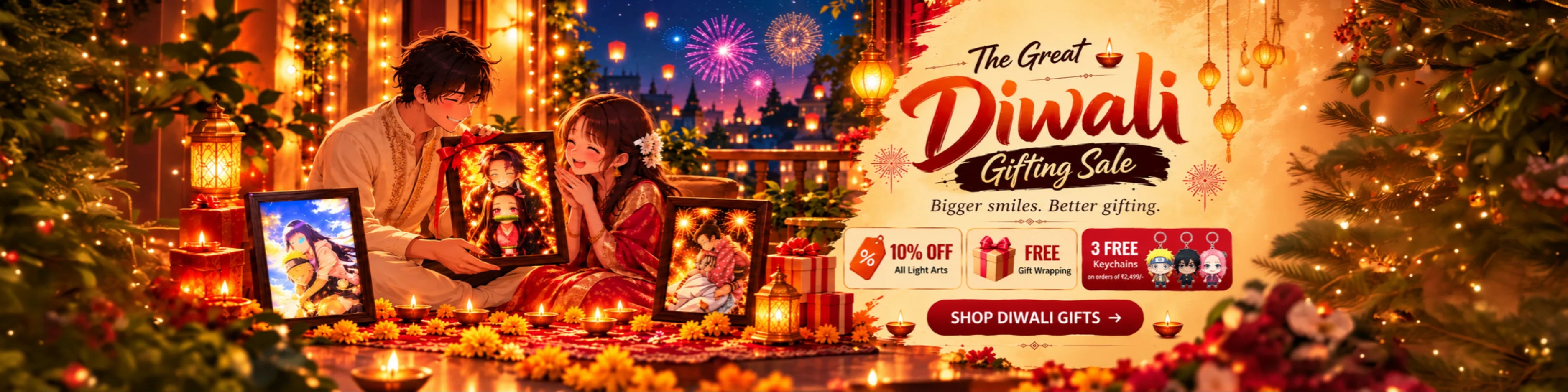 The Great Diwali Gifting Sale: 10% off all light arts, free gift wrapping, and 3 free keychains on qualifying orders.